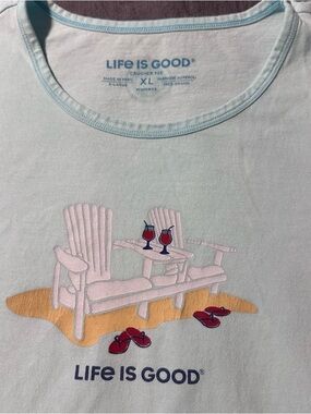 Life Is Good Light Blue Tee with Beach Chair Graphic